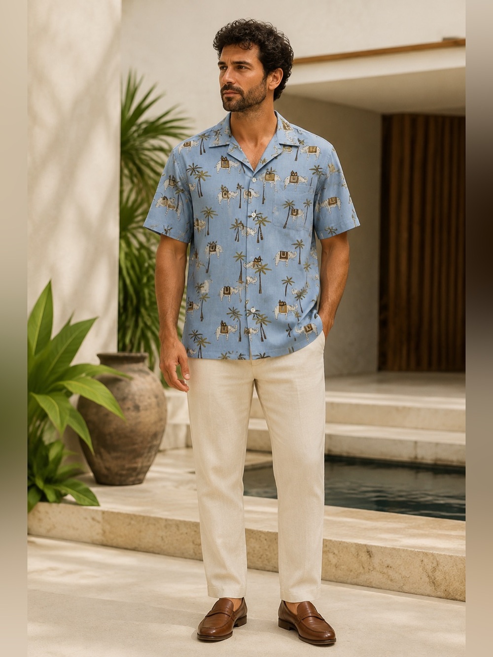 Jim Thompson 100% Linen Elephant Palm Print Camp Shirt Blue Large